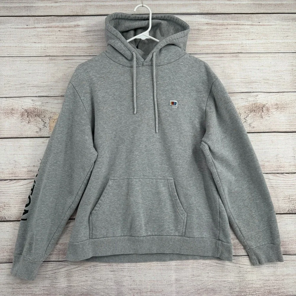Brixton Hoodie Mens Medium Gray Sleeve Logo‎ Graphic Pullover Fleece Sweatshirt